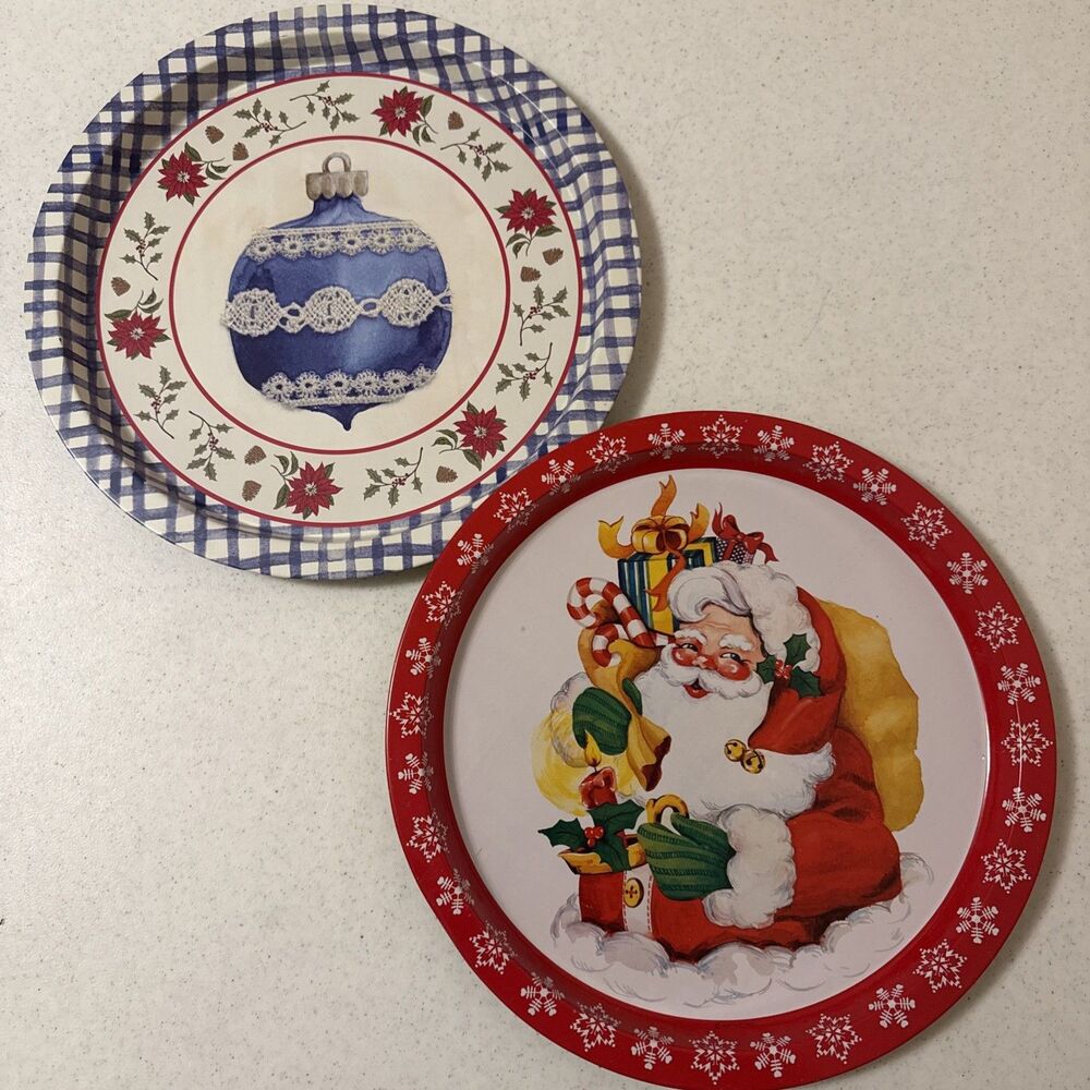 Lot 2 Christmas Tin Cookie Serving Trays Plates Metal Platters Santa Claus